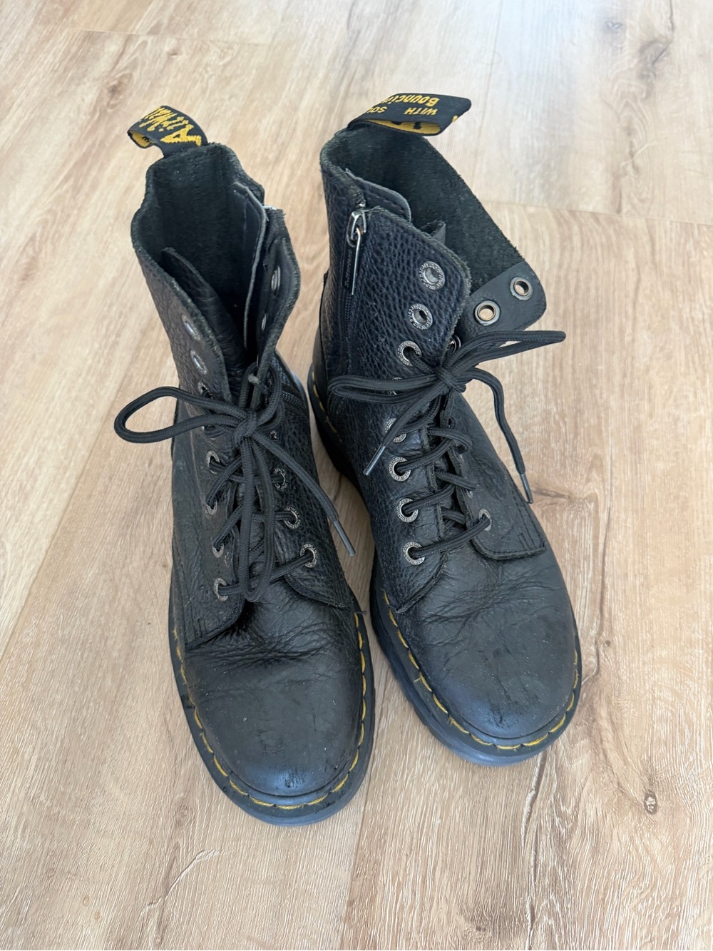 Dr. Martens Black Lace-Up Leather Ankle Boots with Yellow Stitching